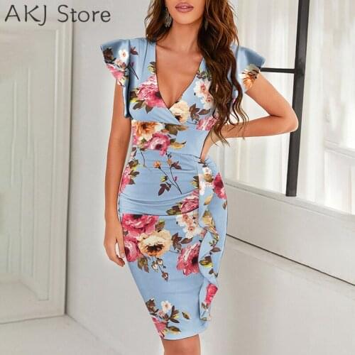 Floral Print V-Neck Ruffle Hem Ruched Wrap Bodycon Dress