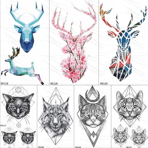 OMMGO Cherry Blossoms Pink Geometric Elk Temporary Tattoo Sticker Forest Tribal Totem Fake Deer Tattoos Children Tatoo Body Arm