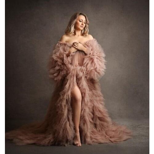 Bridal Photo Shoot Pregnancy Soft Tulle Dresses Long Sleeves With Cap Sleeves Strapless Front Slit Tiered Ruffles 2021