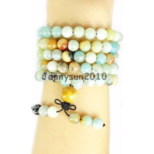 Multi-Colored Amazonite 8mm Gem Stone Buddhist 108 Beads Prayer Mala Multi-Purpose Stretchy Bracelet Necklace 2Strands/Pack