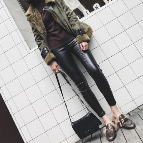 Luxury Design Elastic High Waist Slim Fit Warm Winter Leggings PU Leather Pants