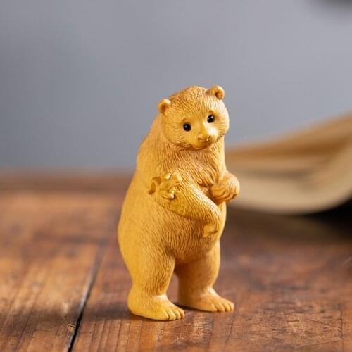 Boxwood 9CM Bear Sculpture Lucky Polar Bear Animal Wood Statue Chinese Collection Home Decor