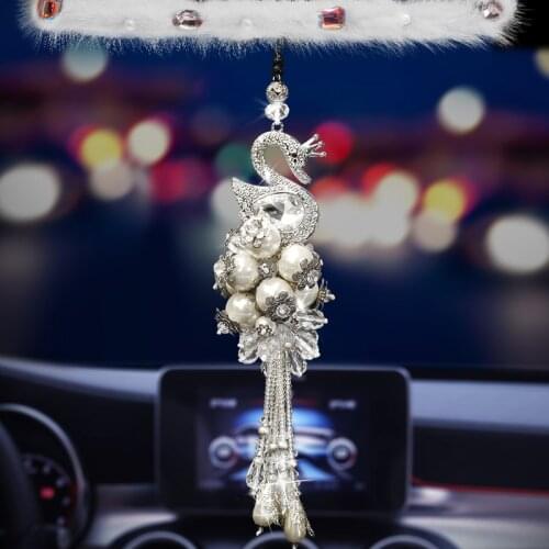 Rhinestone Swan Car Decor Pendant Ornament Crystal Car Mirror Hanging Accessories for Girls Women Cute Rear View Mirror Ornament