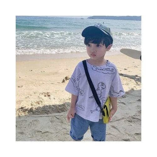 Korean Style Baby Boys and Girls Loose Cotton T Shirt Childrens Cartoon Dinosaur Print Short-sleeved T Shirt Toddler Top Tees