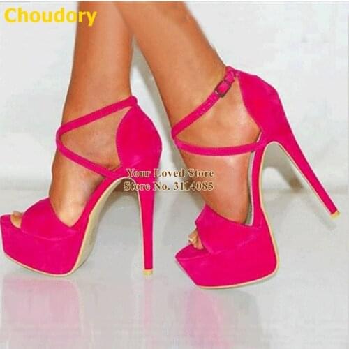 Choudory Fuchsia Yellow Nude Platform Dress Shoes Open Toe Cross Strappy High Heel Pumps Stiletto Heel Wedding Shoes Size52