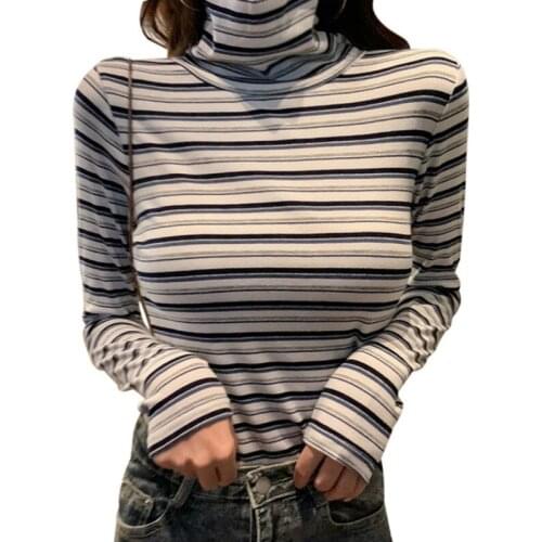 Women Slim High Collar Autumn T-shirt Contrast Color Stripes Print Turtleneck Long Sleeve Casual Bottoming Tee Shirt Femme