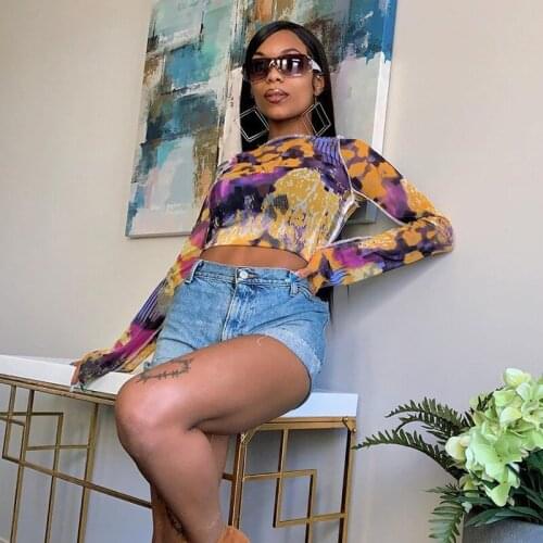 Women’s Summer Clothing Multi-Color Tie-dye See-Through One-Line Neck Long-Sleeves T-Shirts Ruffled Crop Top for Ladies
