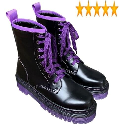 Leather Fashion Genuine Women Motorcycle Ankle Winter Thick Lace Up Platform Shoes Casual Punk Colors Mixed Boots