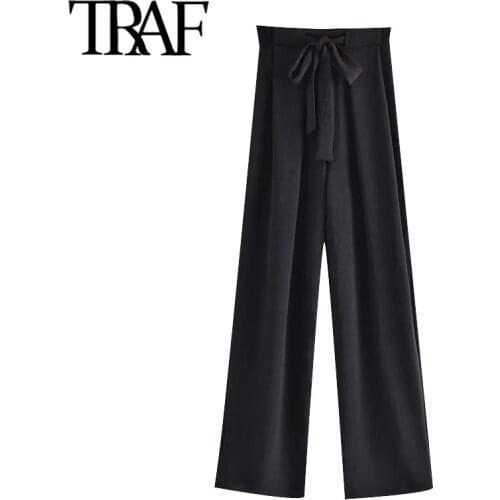 TRAF Women Chic Fashion With Tied Drats Soft Black Wide Leg Pants Vintage High Elastic Waist Female Trousers Mujer