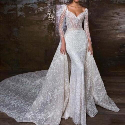 2021 Beading Mermaid Wedding Dresses Women Sweetheart Long Sleeve Bridal Gowns With Detachable Train