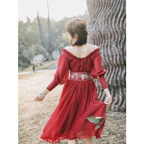Spring 2020 Women Vintage Elegant Boho Clothes Slim Embroidery Waist Casual Red Golden Thread Chiffon Midi Dress