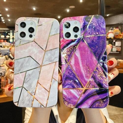Plated Marble Phone Case For iPhone 11 12 Pro Max XR XS Max 7 8 6 Plus SE 2020 Geometric Splice Case Full Body Phone Back Cover