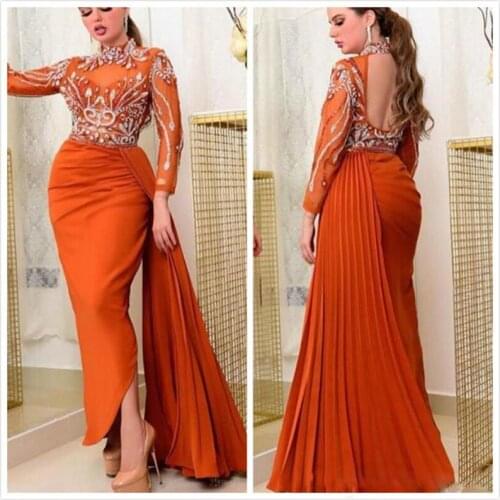 2019 Aso Ebi Arabic Orange Sexy Evening Dresses Beaded Crystals Backless Prom Dresses High Neck Formal Party Second Reception Go