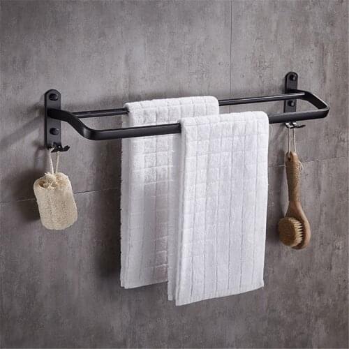 50cm Black Double Bar Towel Rack Wall Mount Space Aluminum Towel Bars with Hook Bath Shower Accessories etagere salle de bain