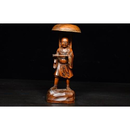 8" China Collection Old Boxwood Monk buddha statue Ascetic monk practicing wood carving Tang Sanzang Scripture Collection Statue