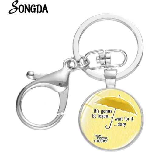 New HIMYM Yellow Umbrella Blue Horn Keychain TV Shows How I Met Your Mother Cartoon Pattern Glass Gem Pendant Keyholder Keyring