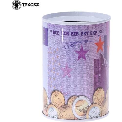 Cylinder Piggy Tinplate Bank Euro Dollar Picture Box Household Saving Money Home Decoration Money Boxes