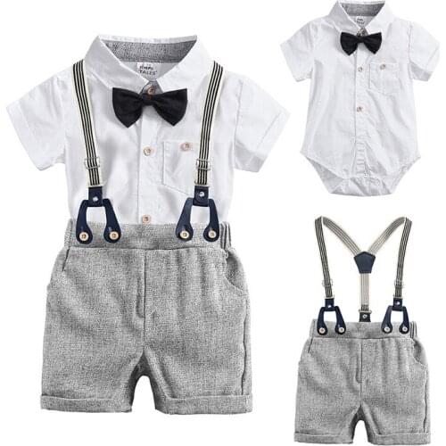 Gentleman clothes for boy white romper+overalls shorts gray newborn baby summer outfit infant clothing set wedding Costume patry
