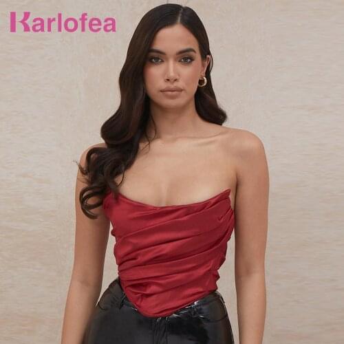 Kealofea Red Corset Top For Women 2020 Party y2k Clothes Tube Crop Tops Satin Bustier Fashion Wear Out Camis Asymmetrical Shirt