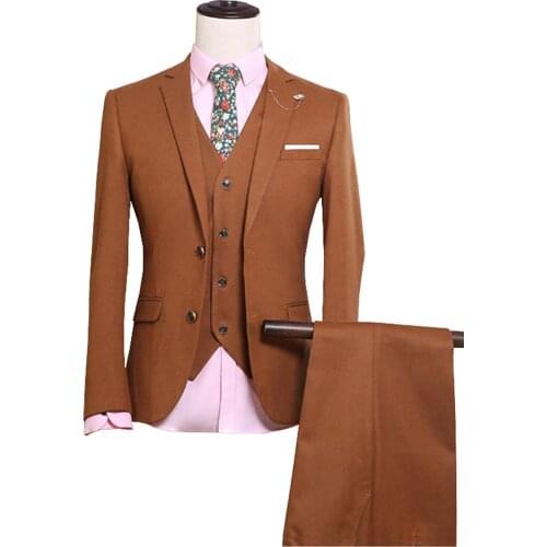 Custom Made tweed Brown Herringbone men suit British style Modern Blazer 3 Pieces Men Suits (Jacket+Pants+vest)