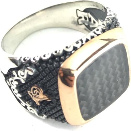 LARGE MIDDLE RECTANGULAR BLACK STONE ORNAMENTAL CHARISMATIC RING 925 SILVER Muslim Ring