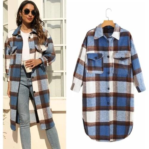 WESAY JESI Womens Clothing Za Jacket Chic Fashion Color Contrast Plaid Patchwork Jacket Woman Pockets Loose Overcoat Streetwear