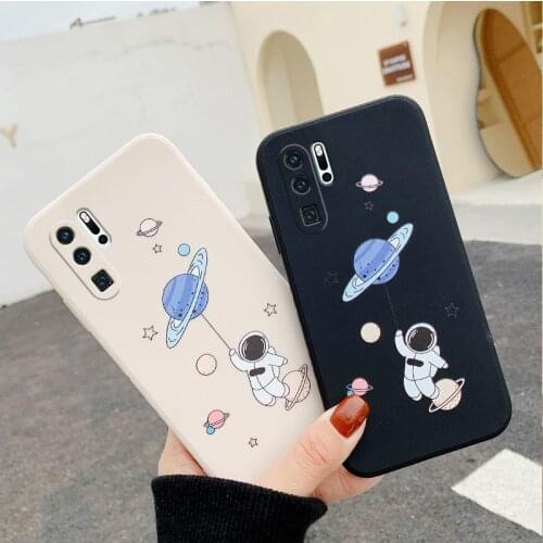 Square Silicone Astronaut Spaceship Frame Phone Case for Huawei P30 P40 Pro Mate30 Nova 6 7 SE Honor 30 V30 Cartoon Planet Cover