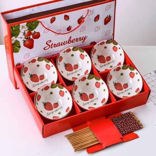 2/4/6 sets Ceramic round strawberry Tableware Set Blue and White Porcelain Bowl Ceramic Bowl Gift Box Dinner bowl Sets