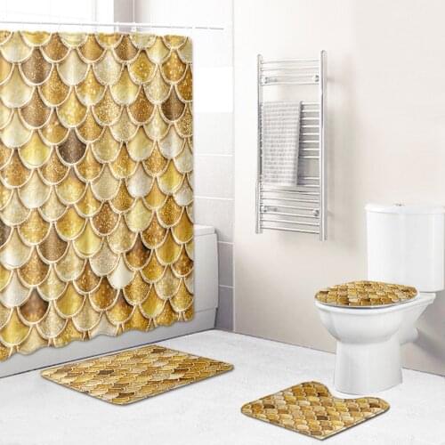 4 Pcs Golden Bath Mats Set Anti Slip Bathroom Rug Set with Shower Curtain Toilet Rugs Bathroom Floor Mats Shower Foot Mats