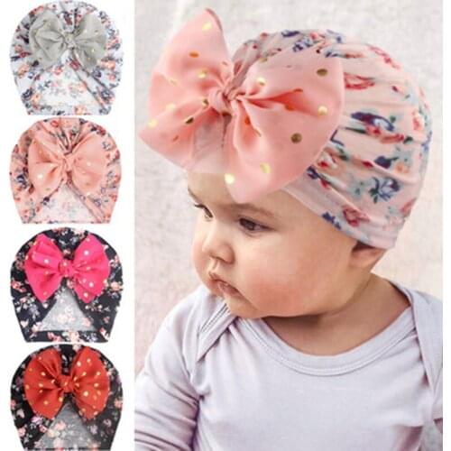2021 Spring And Autumn New Fashion Cute Baby Turban Hat Cotton Printed Childrens Bow Cute Knot Pullover Baby Warm Baotou Hat