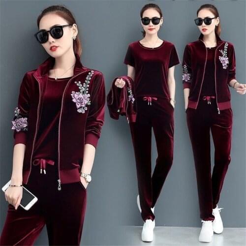 Autumn Clothes Three Piece Set Hoodie Jacket T-shirt and Pants Velour Tracksuit Women Sets Leisure 3 Pieces Velvet Women Outfits