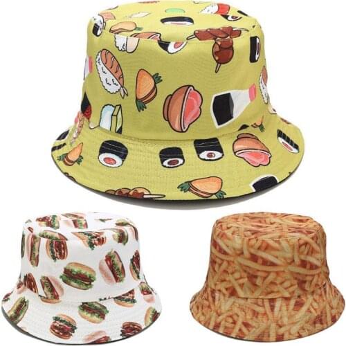 Unisex Reversible Bucket Hat Sushi Hamburger Food Print Wide Brim Fisherman Cap F3MD