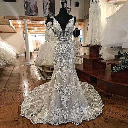 Mermaid Wedding Dresses Plunging V Neck Appliqued Lace Beaded Sash Bridal Gown Backless Sweep Train Wedding Dress