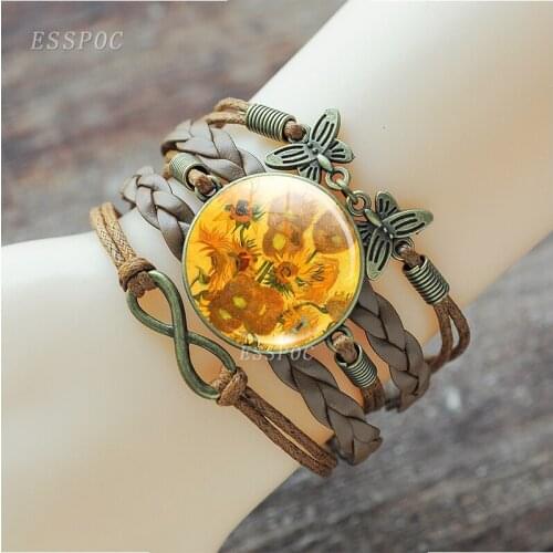 Van Gogh Art Oil Paintings Brown Leather Bracelet Art Glass Cabochon Jewelry Handmade Bracelets Night Sunflower Women gifts