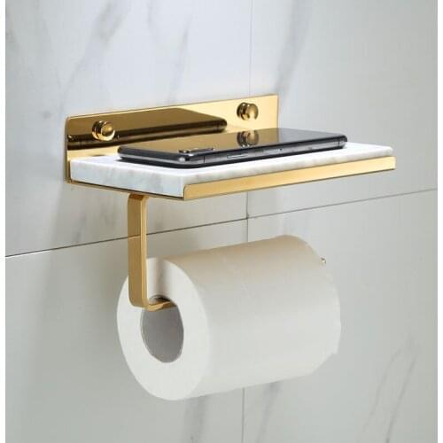 Bathroom Tissue Rack Brass & Marble Toilet Paper Holder Phone Shelf Wall Mounted Nail Punched Bath Hardware Storage Rack Gold