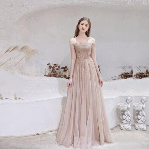 2021 Latest Arrival Nude Tulle Prom Gowns Off Shoulder Long Sleeves Beading Strapless Evening Dresses Long Corset Back Sexy