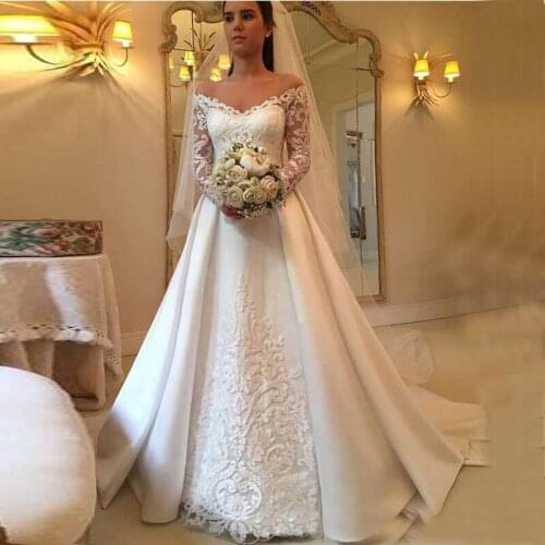 Vintage Wedding Dress Off The Shoulder Illusion Lace Long Sleeves White Ivory Covered Button Back Formal Wedding Gowns 2019