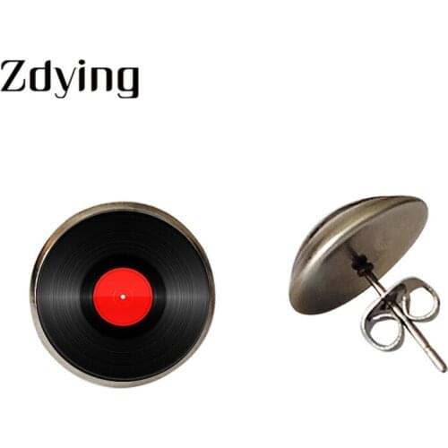 ZDYING Fashion Music Record Disc Stud Earrings Glass Photo Cabochon Female Men Earring Stainless Steel Jewelry Gift VR001