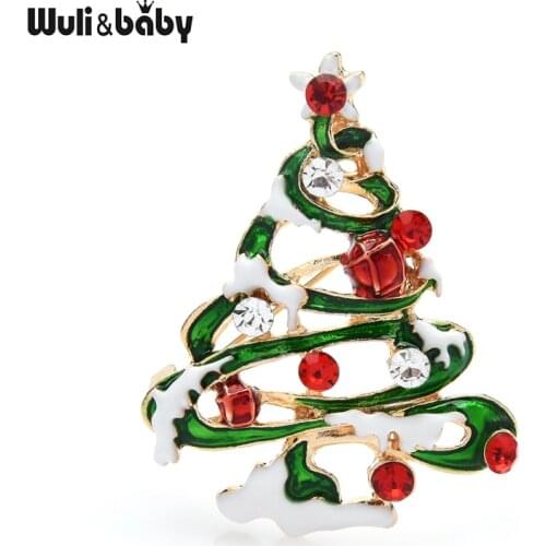 Wuli&baby Enamel Snow Tree Brooches For Women Unisex Rhinestone Christmas Tree New Year Brooch Pin Gifts