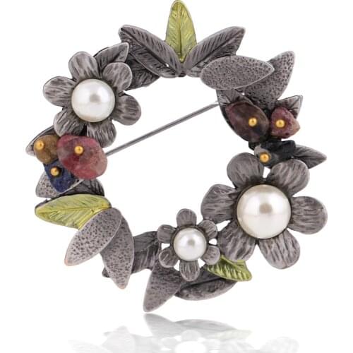 Chenlege bouquet plant leaf women brooches enamel flower imitation pearl vintage brooch hijab fashion natural stone pins jewelry