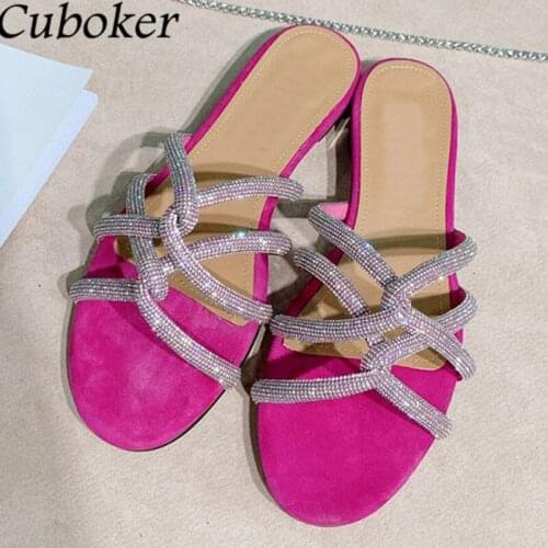 Bling Bling Women Summer Flat Slippers Peep Toe Rhinestone Cross Tie Ladies Mules Brand Designer Dress Crystal Shoes For Women