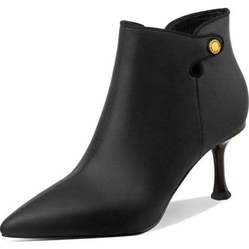 Ankle Boots Women Autumn Winter Genuine Leather Boots Party Office Shoes Woman Pointed Toe Zipper Short Boots