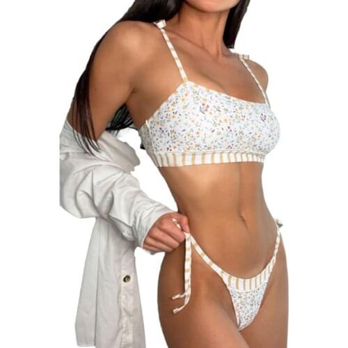 Women’s Small Flower Printing 2Pcs Bikini Suit Low Square Neck Lace-up Tank Tops with Side Tie Bottoms