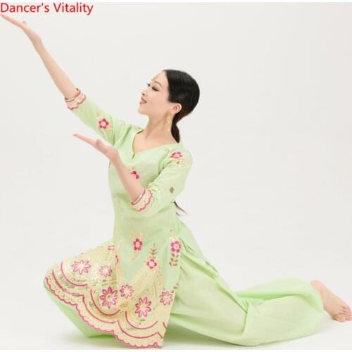 New India Dance Clothes Practice Suit Handmade Sequins Embroidery Tops+Wide-leg Pants 2pcs Set For Women Belly Dance Costumes