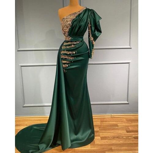 Green New Custom One-shoulder Luxury Handmade Beading With Pleated Women Wrap Dresses Sexy Satin Evening Dresses
