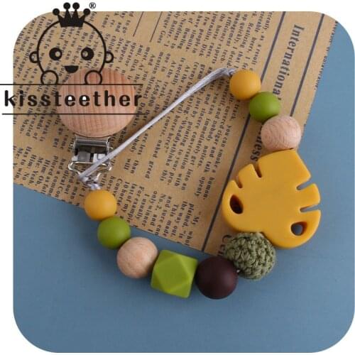 Kissteether 1pcs Food Grade Silicone Beads Teether Nursing Pacifier Clip Holder Chain Banana Leaf Nipple Holder for Infant