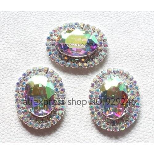 1 pc/lot 35*45mm big oval AB glass crystal silver button sewing on decorative button fur coat strass button garment applique