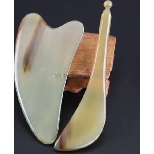 2pc/set Natural Ox Horn Guasha Massage Board Scraping Plate Acupuncture Stick Face Body Pressure Therapy Handle Massage Tools