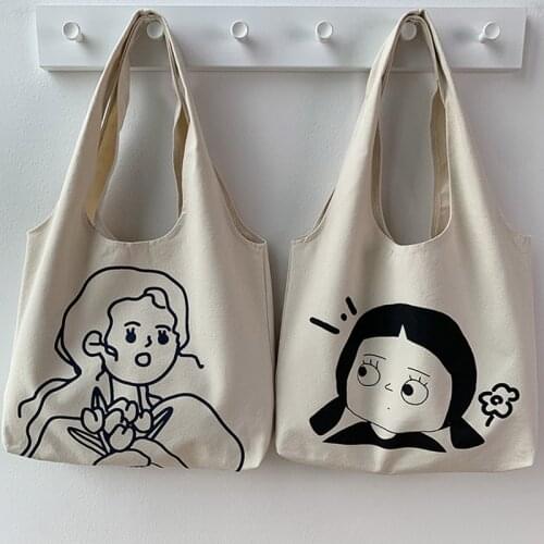 2021 Canvas Vest Shoulder Bags Women Korean Cartoon Girls Pattern Handbags Students Lazy Simple Cute Schoolbags Shopping Bags
