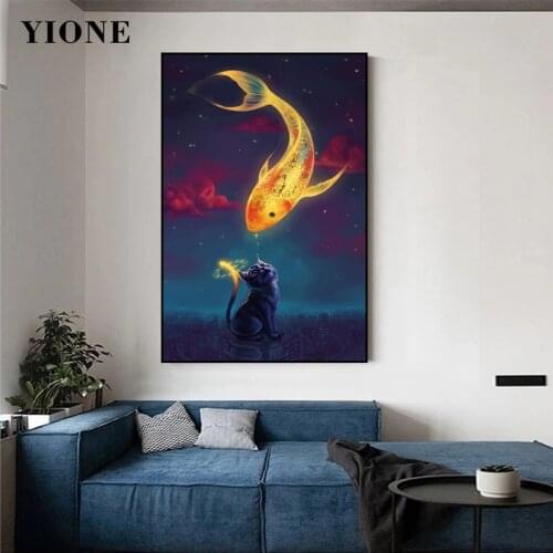 Abstract Alarm Clock Cat and Gold Fish Art Canvas Poster City Starry Sky Animal Wall Painting Print Picture for Bedroom Decor